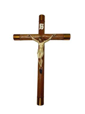 Vintage 1960s Faux Wood Religious Wall Crucifix Copper Tone Cross